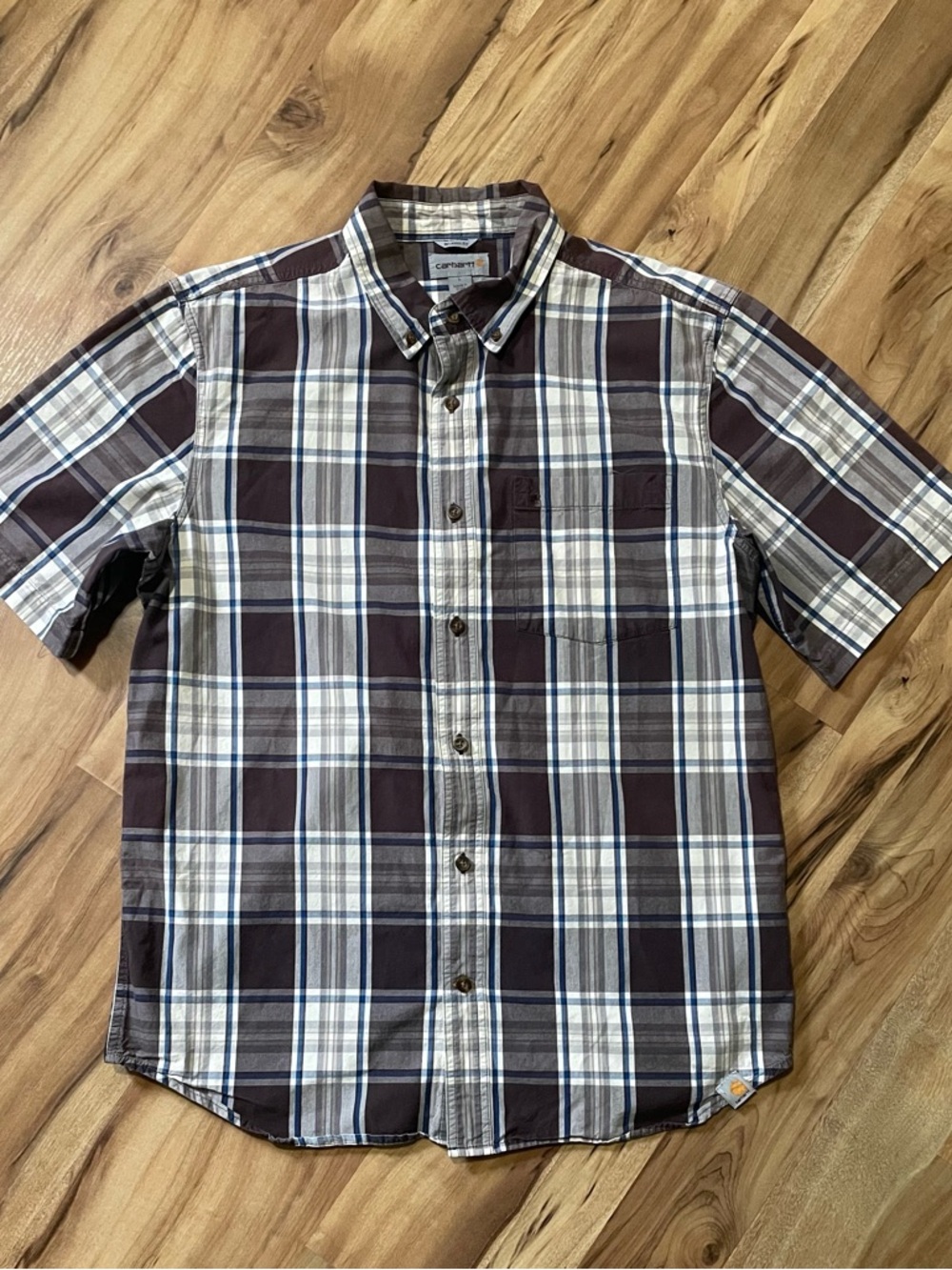 Carhartt Plaid Work Shirt | Blue & Brown Short Sleeve Button Up | Size Large